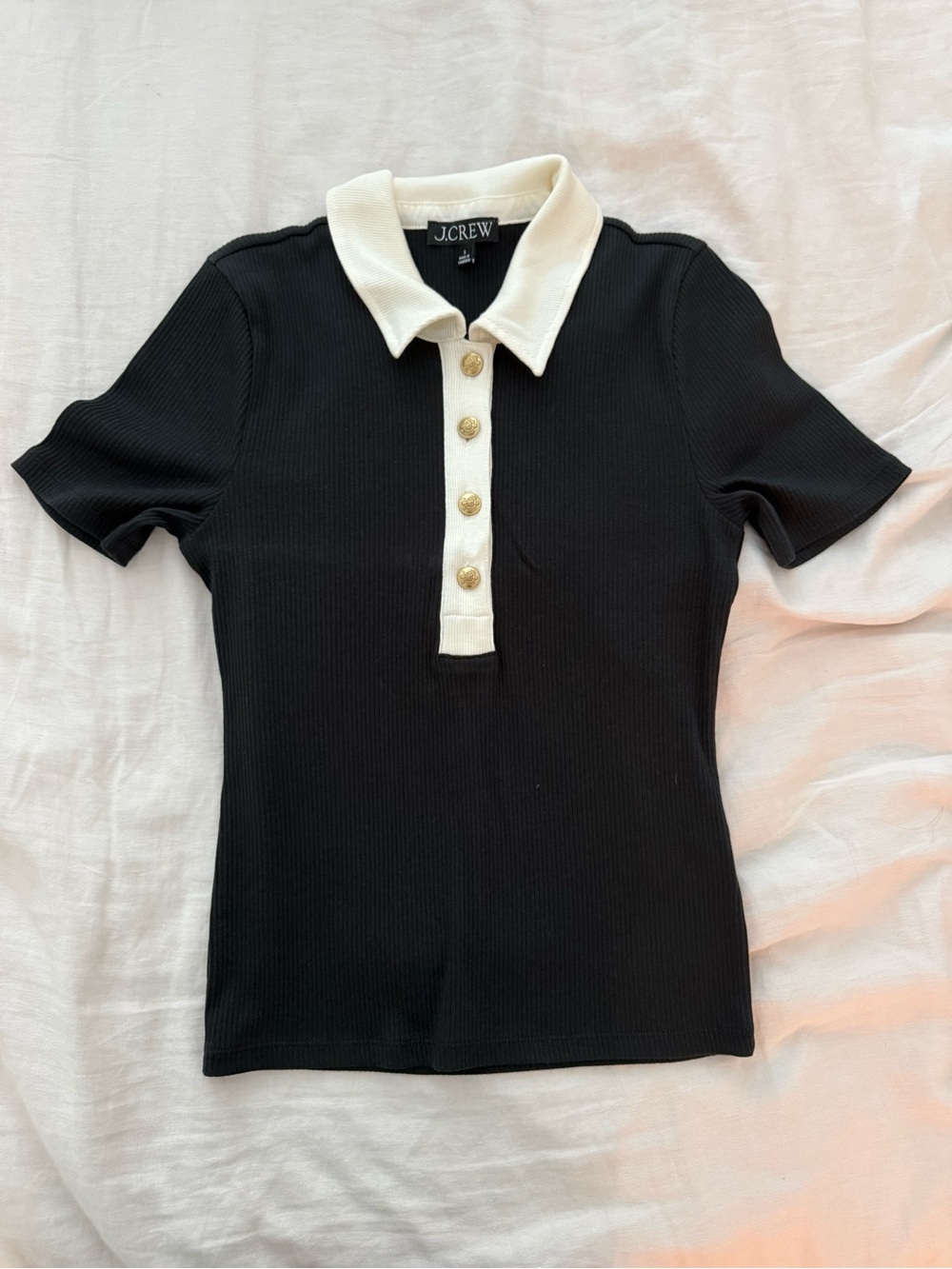 J. Crew Black Ribbed Polo Top with Cream Placket and Collar